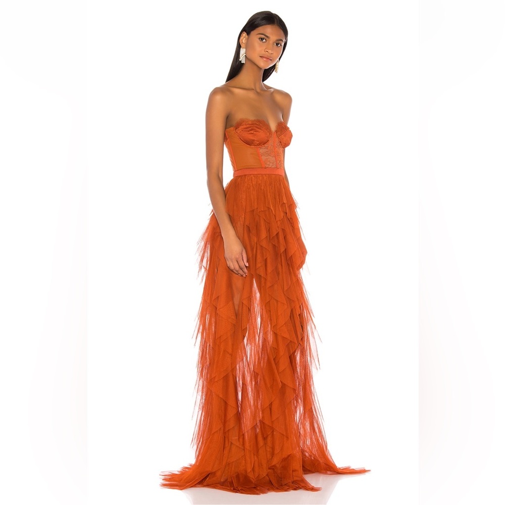 For Love & Lemons Strapless Rust Orange Ruffled Tulle Gown